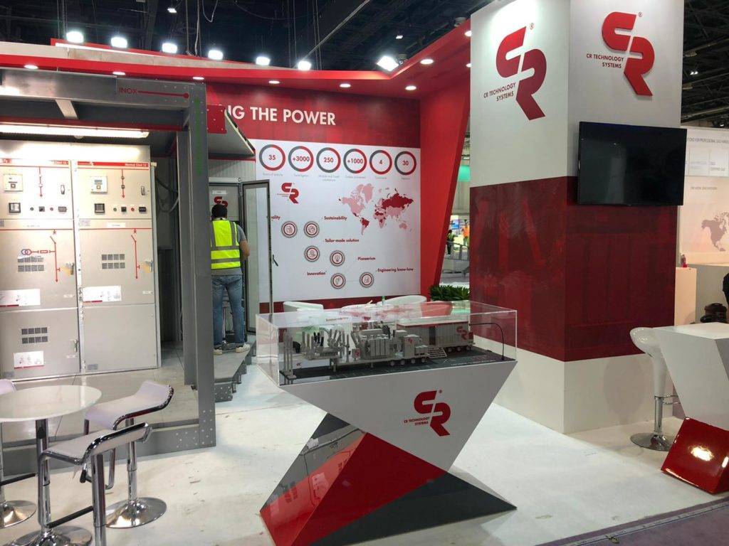 Overview of our booth with shelter and mobile substation model at Middle East Energy 2020.