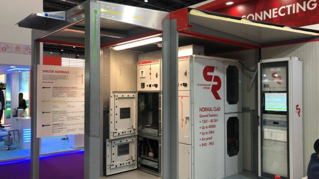 Overview of our booth with compact substation  containing  MT Normal Clad switchgear and SCADA system at Middle East Energy 2020